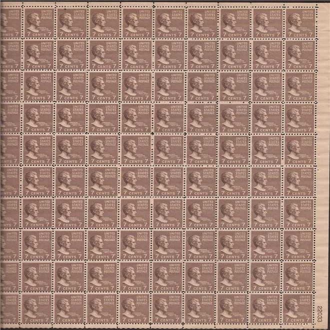 Andrew Jackson Sheet of 100 x 7 Cent US Postage Stamps NEW Scot 812