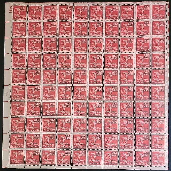 Andrew Johnson Sheet of 100 x 17 Cent US Postage Stamps NEW Scot 822
