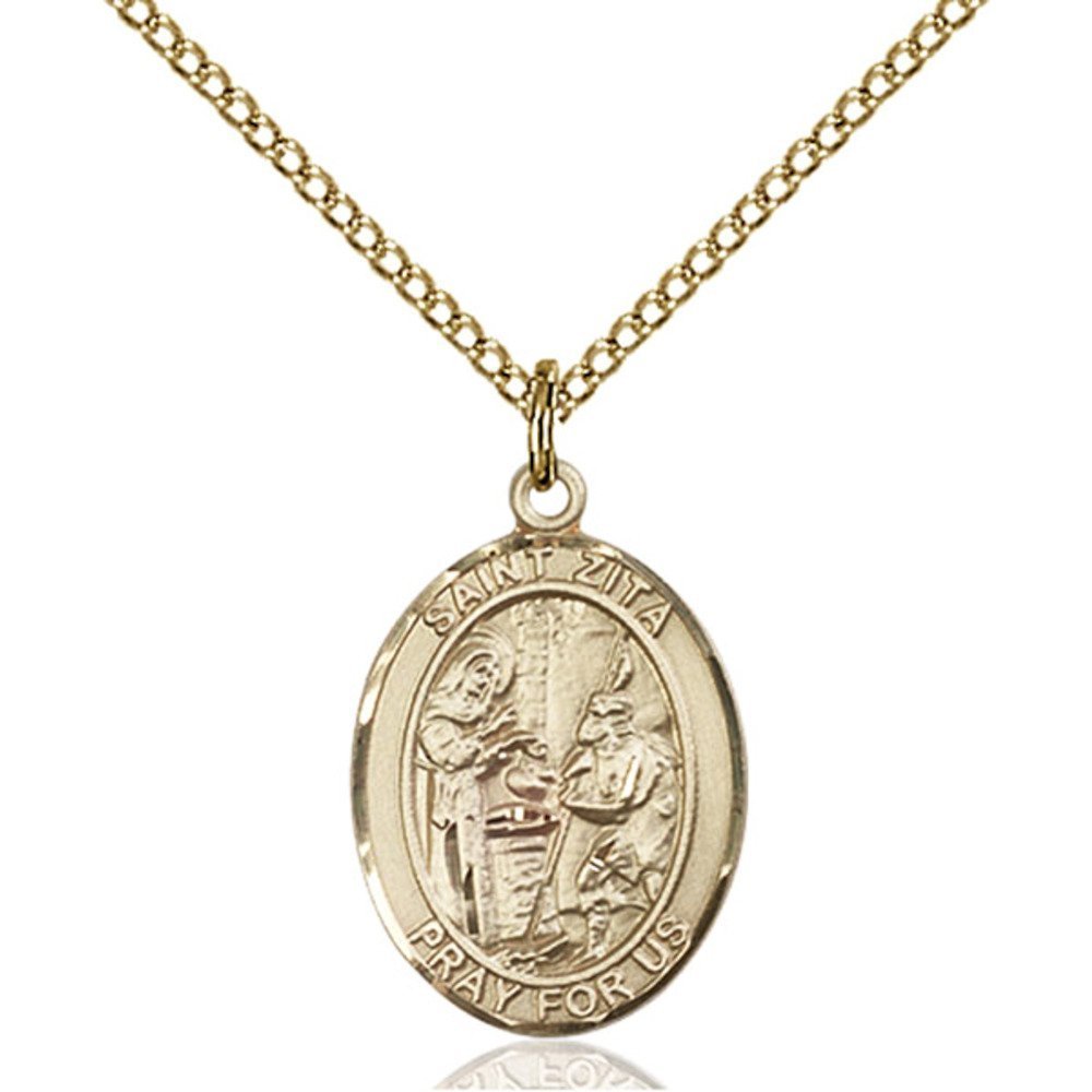 Bonyak Jewelry Saint Medal Collection Gold Filled St. Zita Pendant 3/4 x 1/2 inches with Gold Filled Lite Curb Chain