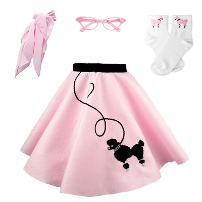 Hip Hop 50's Shop 1950s Girls 4 Piece Poodle Skirt Costume Outfit for Kids with Accessories (glasses, socks, scarf) (Child Large Light Pink)