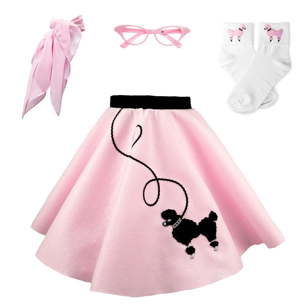 Hip Hop 50's Shop 1950s Girls 4 Piece Poodle Skirt Costume Outfit for Kids with Accessories (glasses, socks, scarf) (Child Large Light Pink)