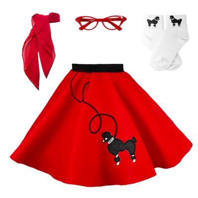 Hip Hop 50's Shop 1950s Girls 4 Piece Poodle Skirt Costume Outfit for Kids with Accessories (glasses, socks, scarf) (Child Medium Red)