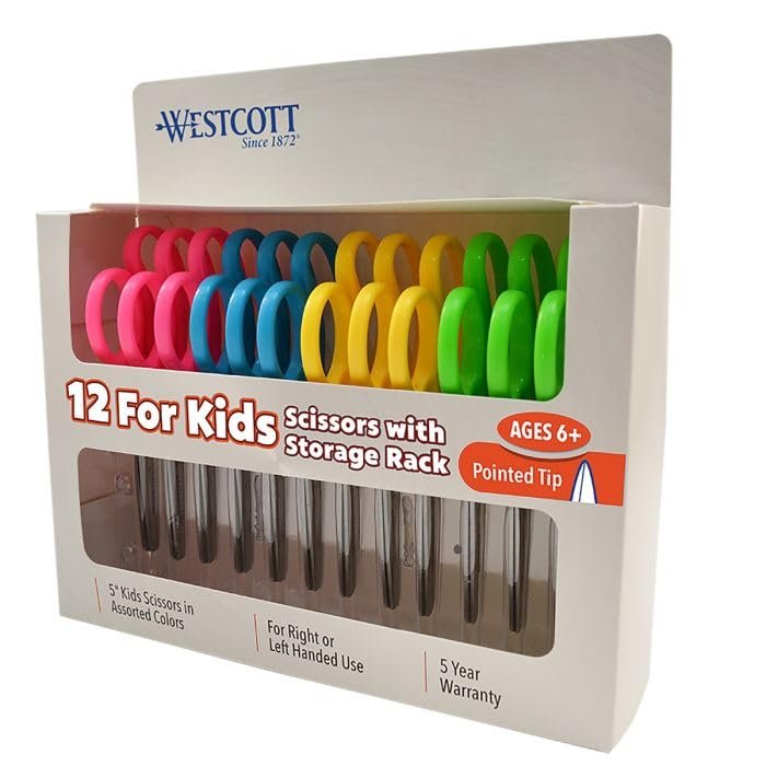 Kids Scissors, 5" Pointed, Assorted, 12/Pack