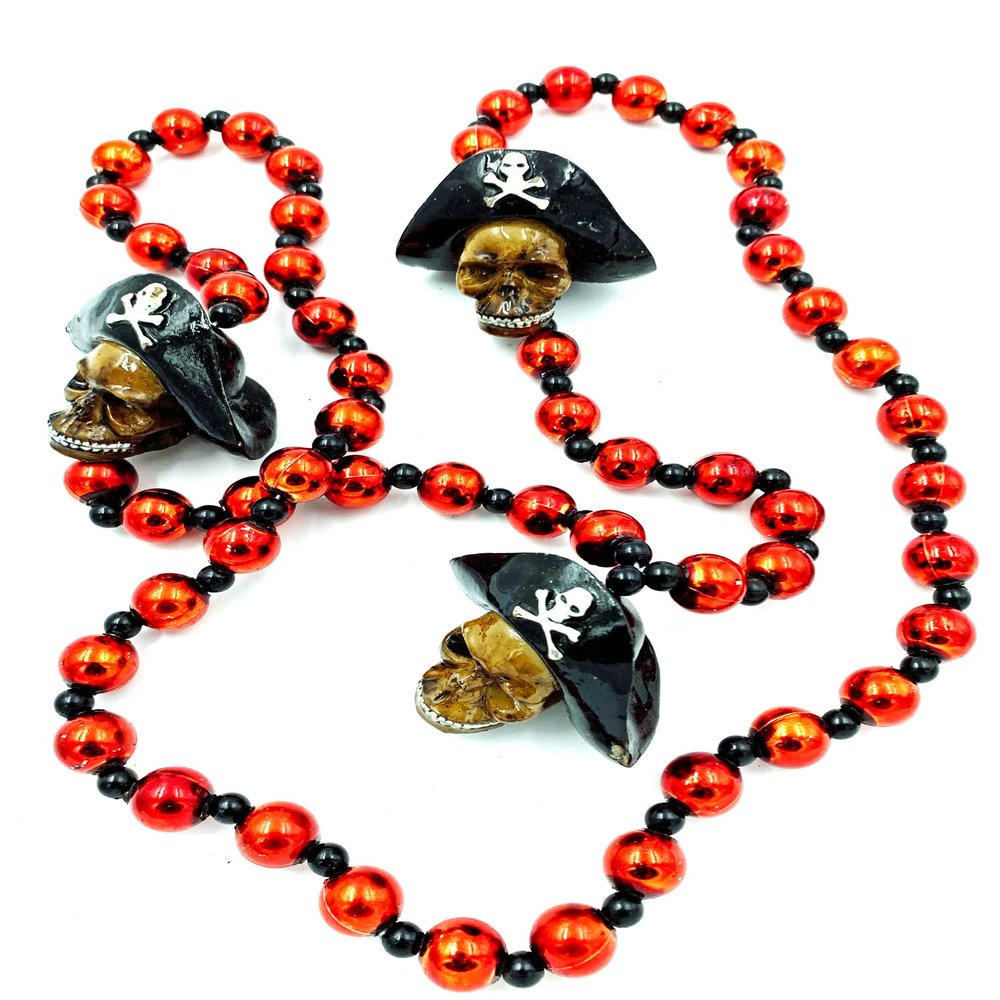 Unisex Gasparilla Pirate Skull with Tri Hat Mardi Gras Bead Necklace Spring Break Cajun Carnival Festival New Orleans Beads