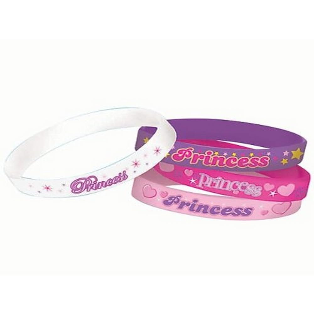 Amscan Sparkling Princess Rubber Bracelet Birthday Party Accessory Favors (4 Pack), 2 1/2" x 7/16", Pink