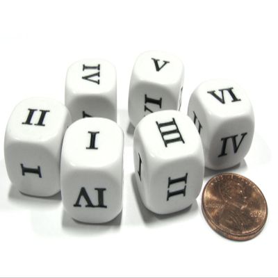 Set of 6 Roman Numerals I-VI (1-6) 16mm Six-Sided Dice- White with Black Numbers by Koplow Games