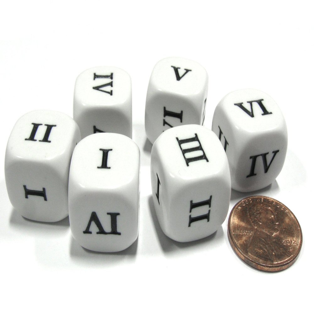 Set of 6 Roman Numerals I-VI (1-6) 16mm Six-Sided Dice- White with Black Numbers by Koplow Games