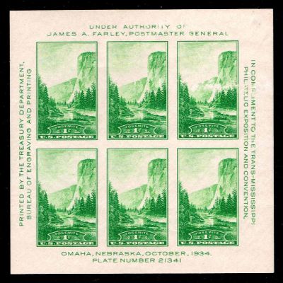 1934 Yosemite National Park Souvenir Sheet of Six Stamps Scott 751