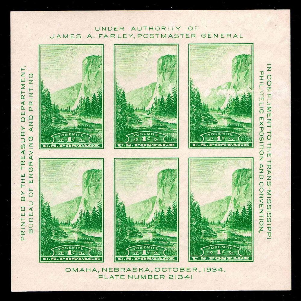 1934 Yosemite National Park Souvenir Sheet of Six Stamps Scott 751