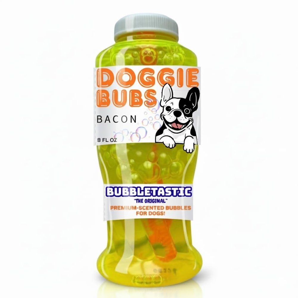 Bubbletastic Bubbles for Dogs - 8oz Bottle of Bacon Bubble Solution - 100% Non Toxic, Tear Free, USA
