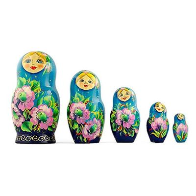 BestPysanky 5 Turquoise Scarf with Poppy Flowers Nesting Dolls 7 Inches