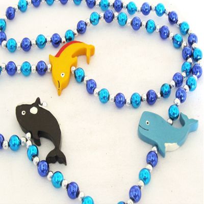 MGI Wood Dolphins & Whales Luaua Mardi Gras Bead Necklace Spring Break Cajun Carnival Festival New Orleans