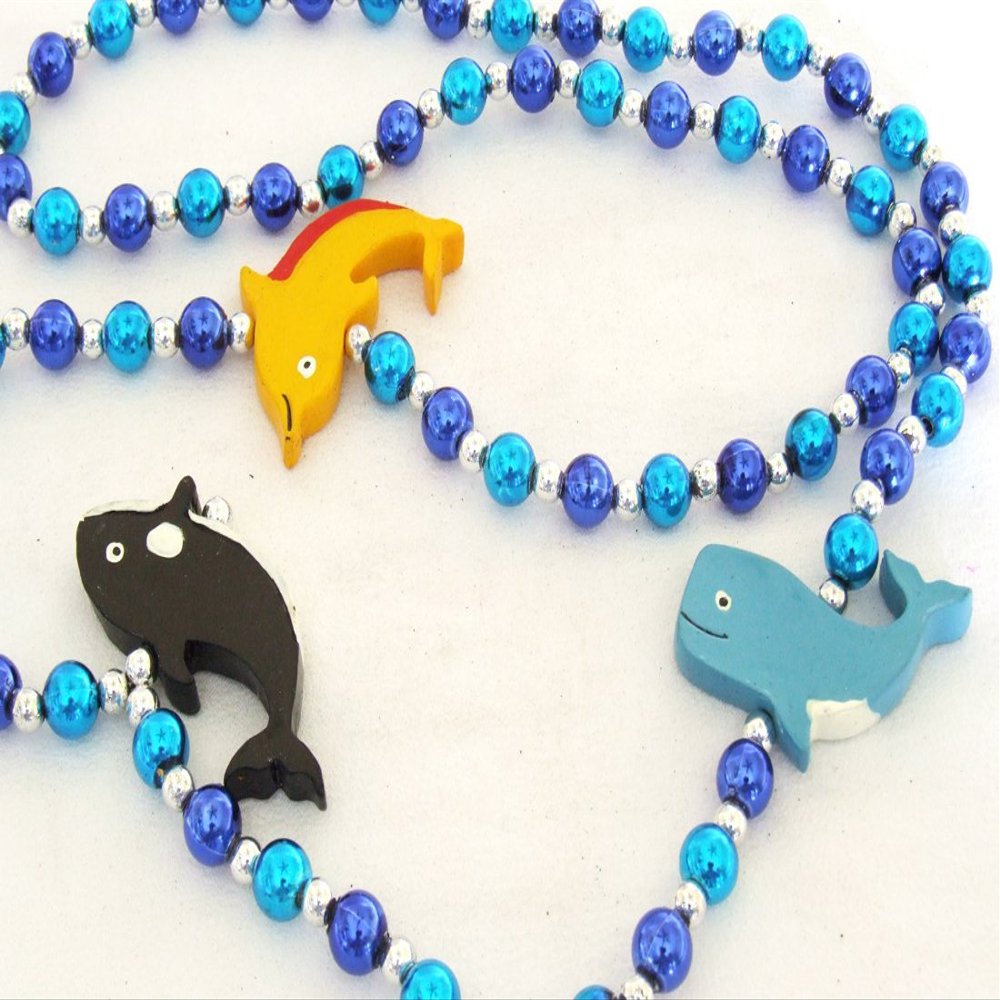 MGI Wood Dolphins & Whales Luaua Mardi Gras Bead Necklace Spring Break Cajun Carnival Festival New Orleans