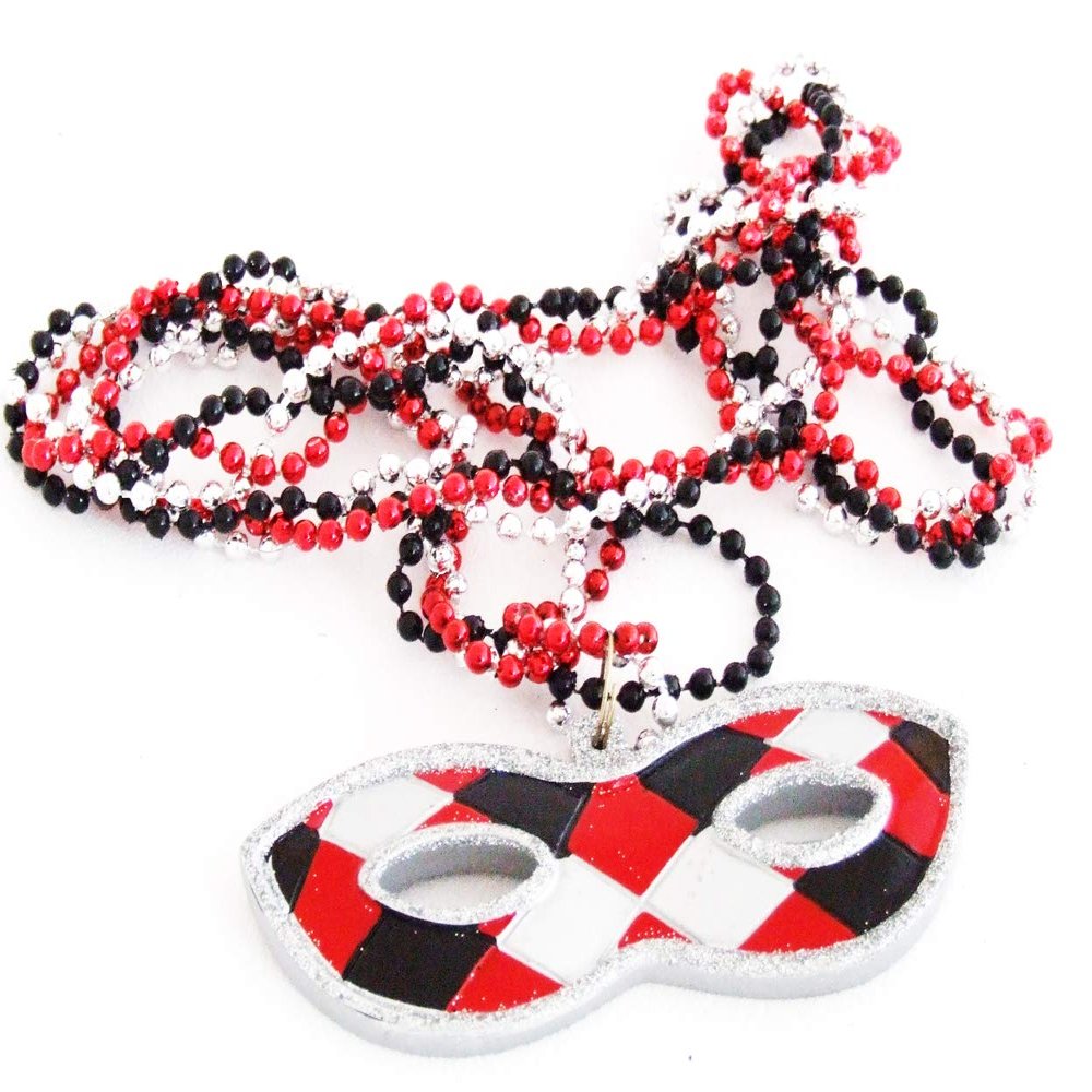 Harlequin Red & Silver Eye Mask Mardi Gras Beads New Orleans Carnival Bayou Lousianna Cajun Creole Party