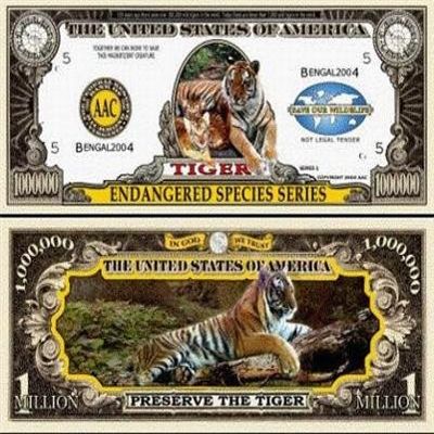 ENDANGERED TIGER Prank Bills (5 novelty bills) - Tiger Theme - Unisex - Ages Teen - Indoor Use - No Assembly Required