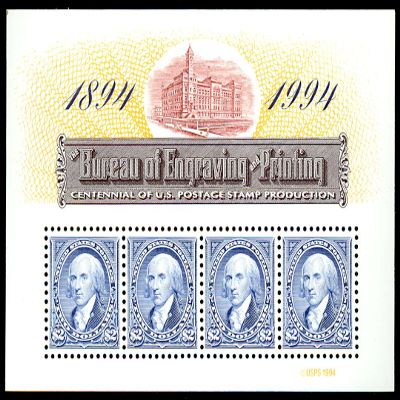 1994 $2 Bureau of Printing and Engraving Sheet of Four $2 Stamps Scott 2875