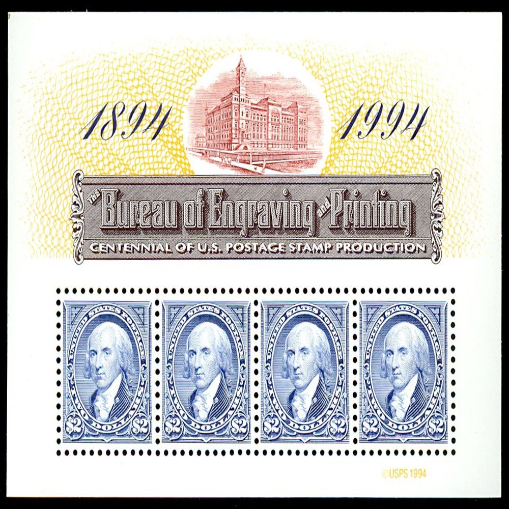 1994 $2 Bureau of Printing and Engraving Sheet of Four $2 Stamps Scott 2875