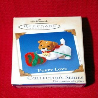 2002 HALLMARK ORNAMENT PUPPY LOVE DOG WITH KNIT HAT 12TH IN SERIES