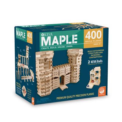 MindWare KEVA 400 Maple Wood Building Planks Set - Building Toy Includes 400 Wooden Blocks, 2 KEVA Balls, and Idea Book - Ages 5+