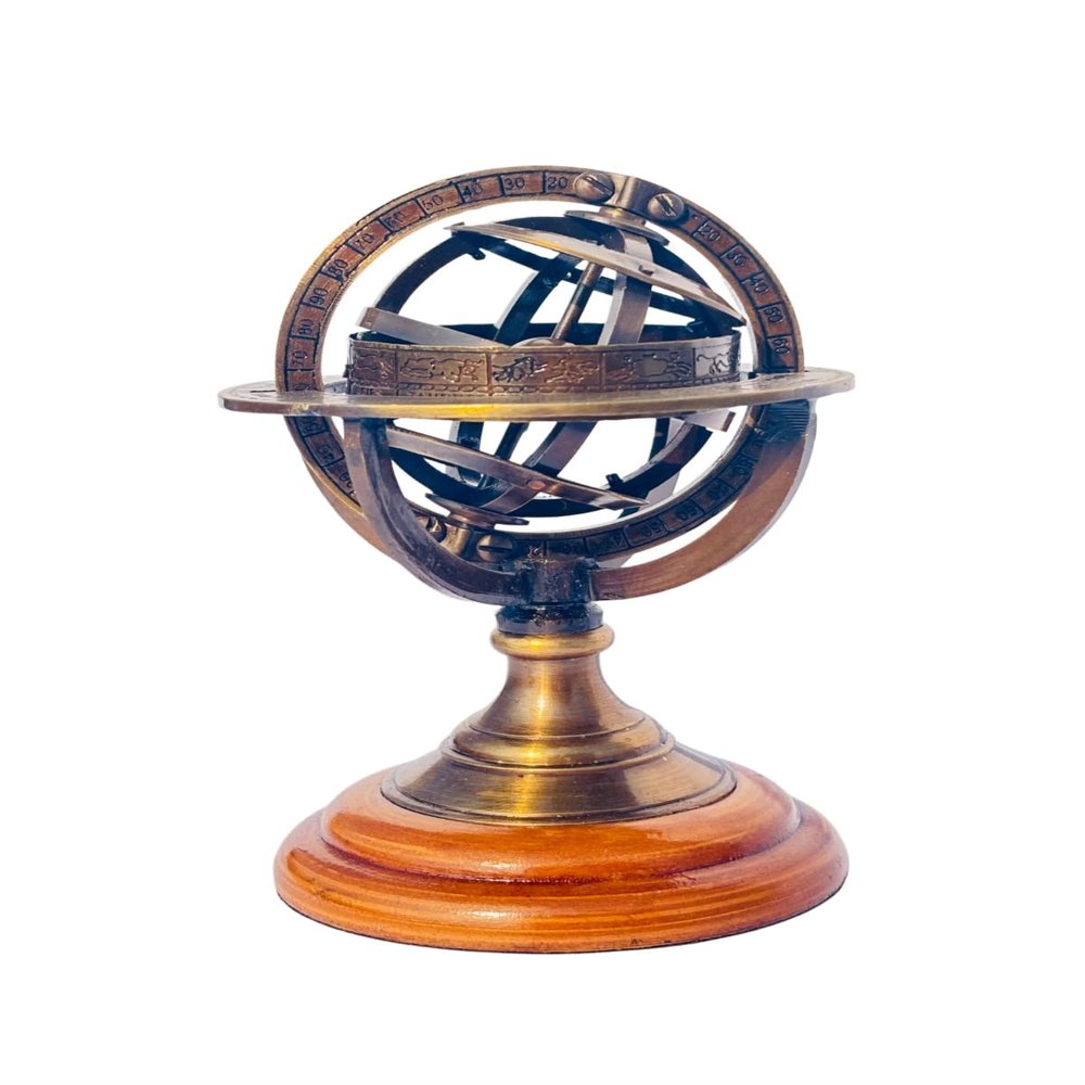 Antique Brass Armillary Globe with Wooden Base  Nautical Desk Decor, Astrolabe Globe for Home & Office, Handmade Astronomical