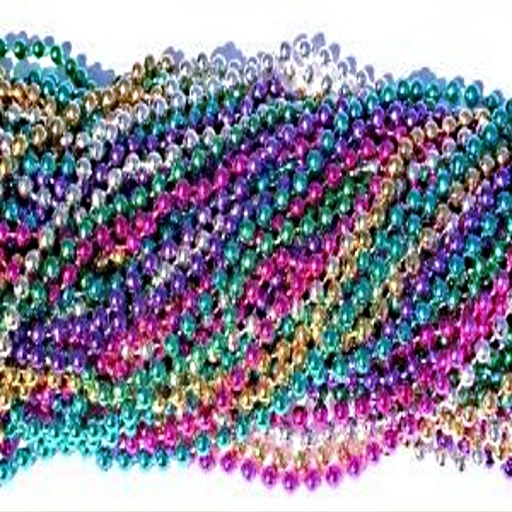 4KIDS Toy / Game 33 Inch 07mm Round Metallic Red, Green, Gold, Hot Pink, Silver and Blue Mardi Gras Beads - 6 Dozen
