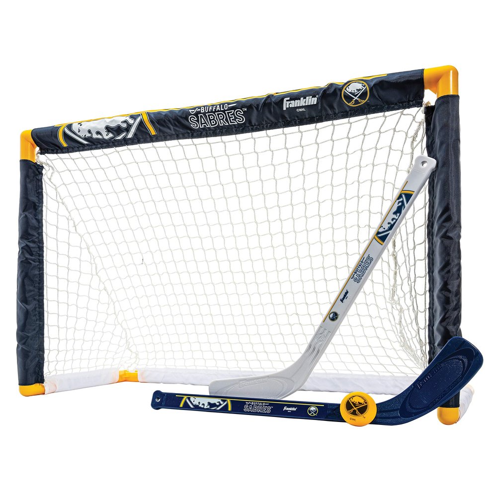 Franklin Sports NHL Buffalo Sabres Mini Hockey Set - Kids Indoor Knee Hockey Goal, Ball, + 2 Mini Stick Combo Set - Youth NHL Team Indoor Toy Sets - Ages 3+