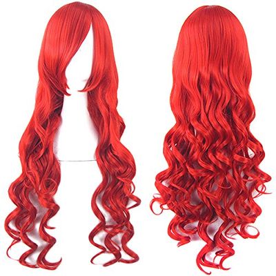 CaseEden Cosplay Wig, Persona 3, Mitsuru Kirijo, Black Butler, Glrell Satcliff, Long, Curly Hair, Red, Crimson Red, White Merce Wig Net, Set of 2