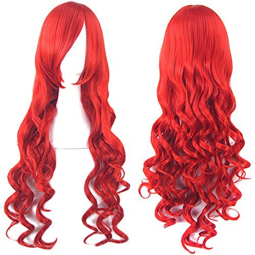 CaseEden Cosplay Wig, Persona 3, Mitsuru Kirijo, Black Butler, Glrell Satcliff, Long, Curly Hair, Red, Crimson Red, White Merce Wig Net, Set of 2