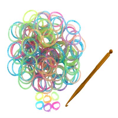Colorful Silicone LOOM BANDS - 100 GLITTER Bands - 6 "C" Clips