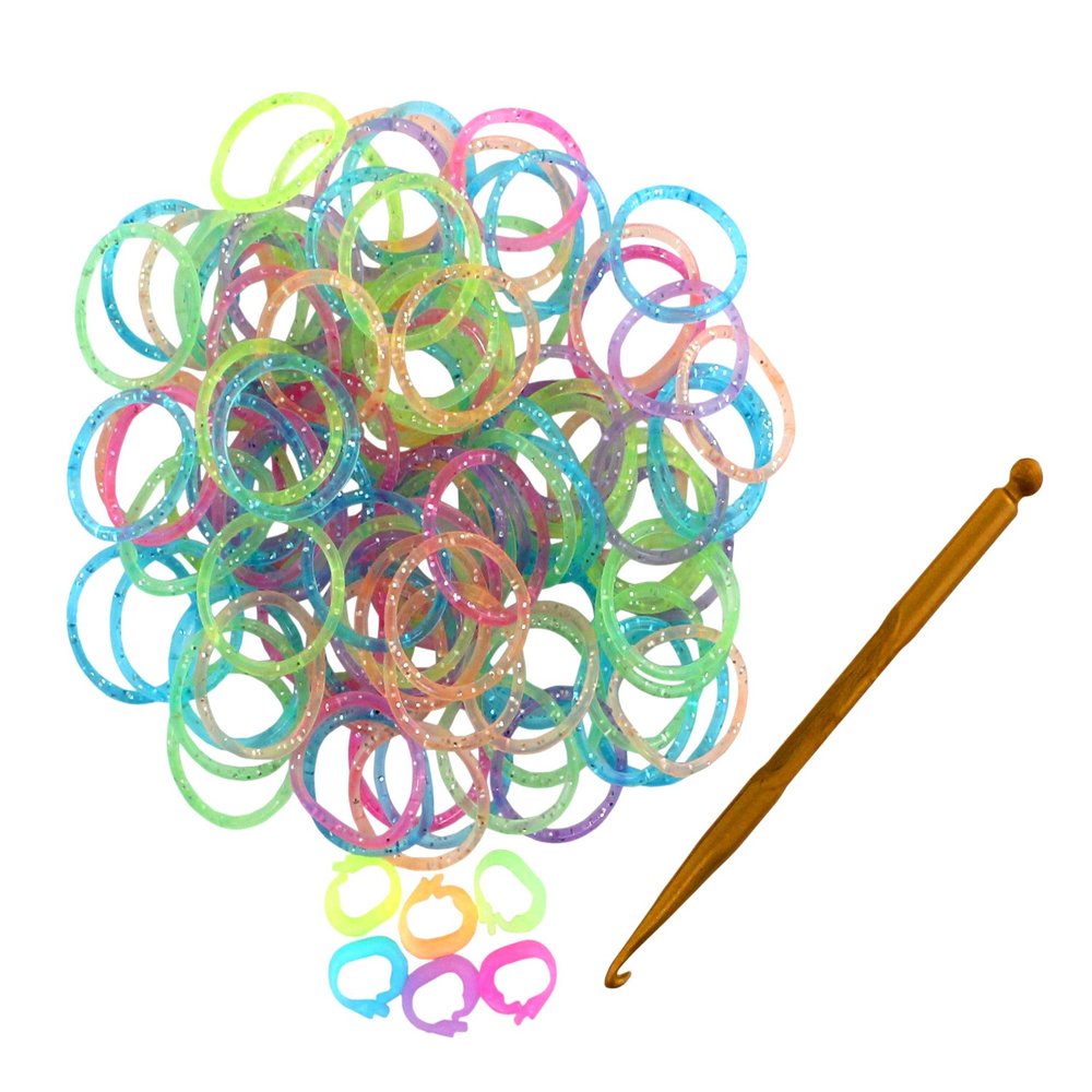 Colorful Silicone LOOM BANDS - 100 GLITTER Bands - 6 "C" Clips
