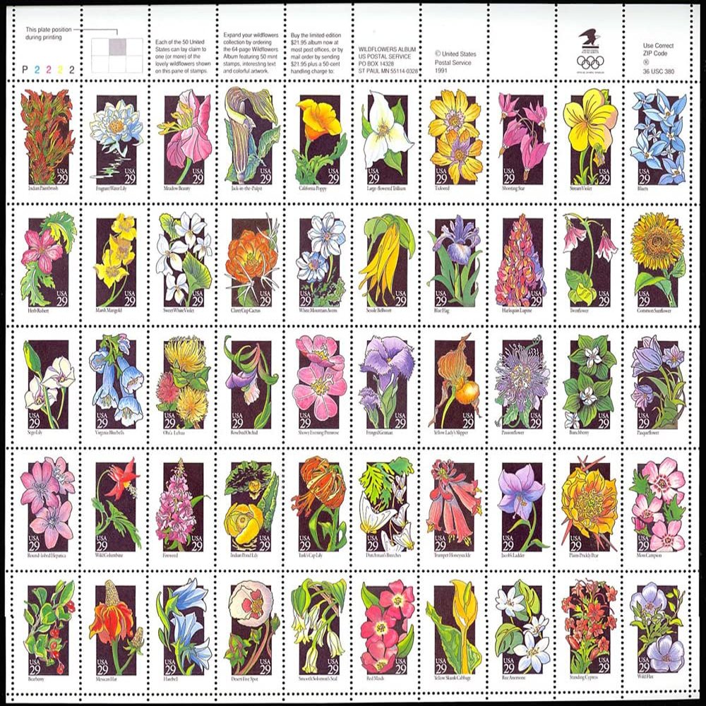 Wildflowers (Sheet of 50) 29 Cent US Postage Stamps 1992 Scott 2647-2696