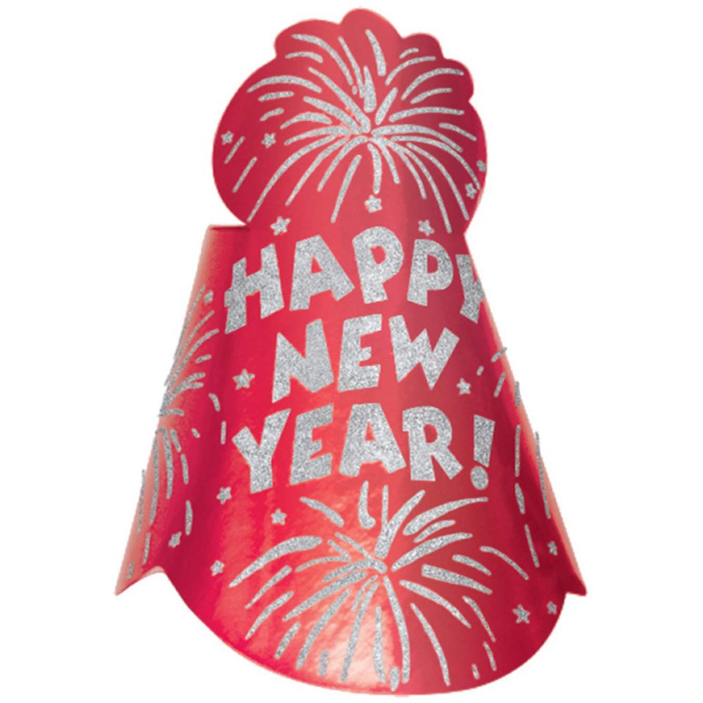amscan Happy New Year Glitter Foil Cone Hat | Party Accessory Red, 9"