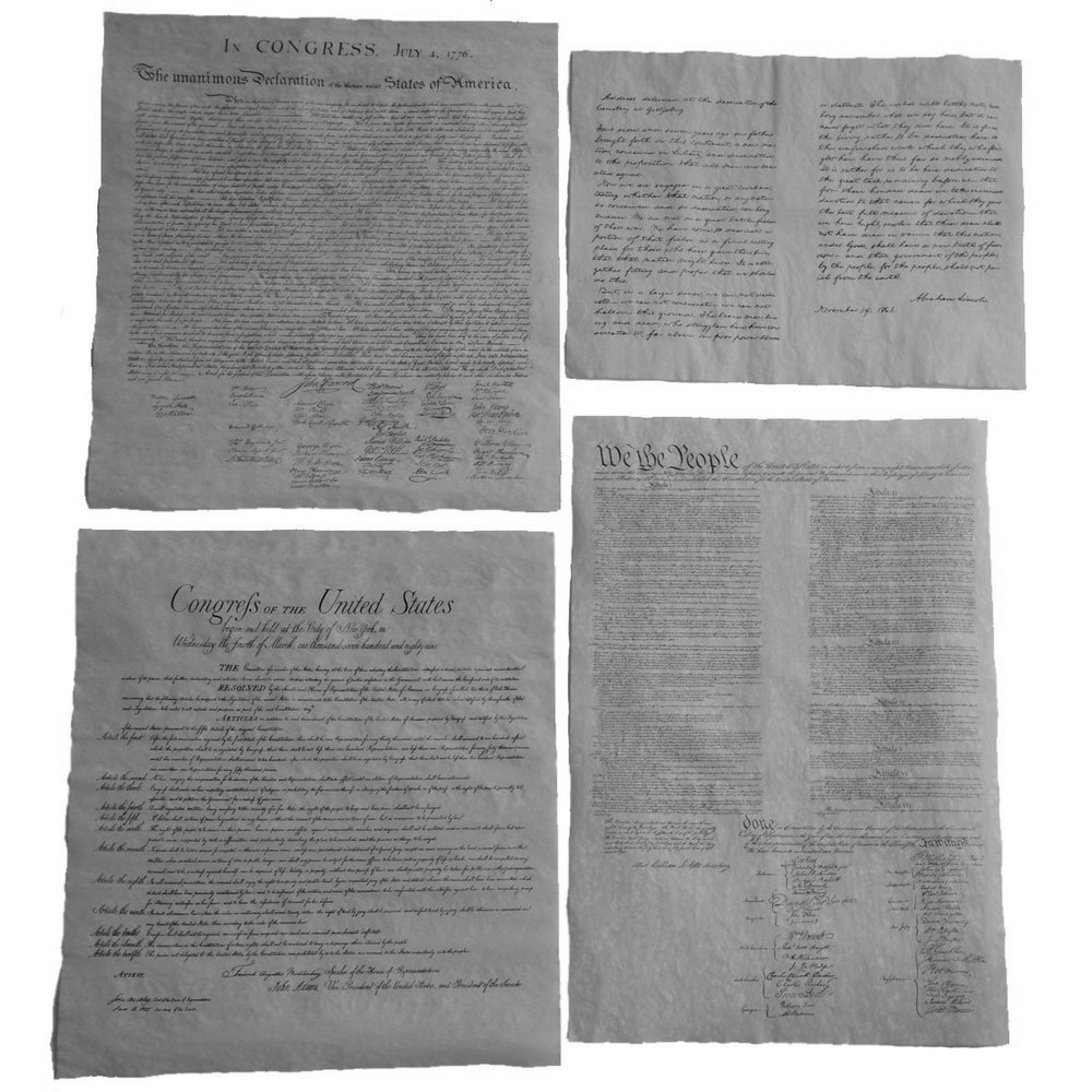4 Major U.S. History Documents - Bill of Rights (23 X 29), Declaration of Independence (23 X 29), Constitution of the U.S. (23 X 29), Abraham Lincoln Gettysburg Address (13.5 X 10.75). High Quality Replica of Historical Document.