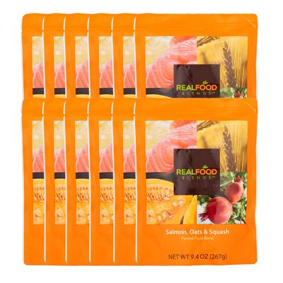 Real Food Blends Salmon, Oats & Squash - Pureed Food Meals for Tube Feeding with Protein, Vegetables & Fruits - 330 Calories for Lunch & Dinner - 9.4 oz (Pack of 12)