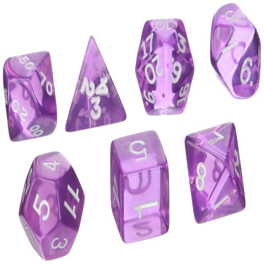 Koplow Polyhedral Dice Set (7-Piece), Transparent Orchid/White