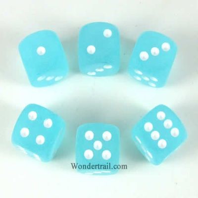 Wondertrail Teal Frosted with White Pips 16mm D6 Dice Set of 6 WCX27605E6
