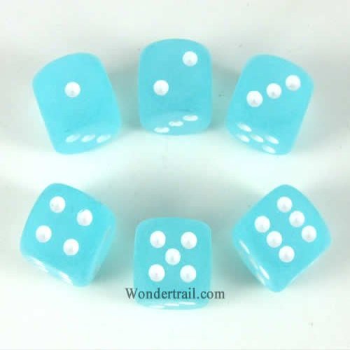 Wondertrail Teal Frosted with White Pips 16mm D6 Dice Set of 6 WCX27605E6
