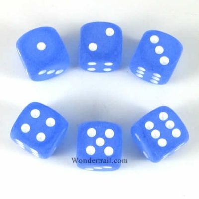 Wondertrail Blue Frosted with White Pips 16mm D6 Dice Set of 6 WCX27606E6