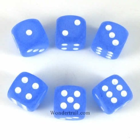 Wondertrail Blue Frosted with White Pips 16mm D6 Dice Set of 6 WCX27606E6