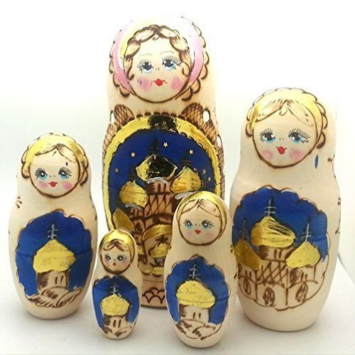 BuyRussianGifts Russian Gold Church Nesting Dolls Wood Burned Hand Carved Hand Painted 5 Piece Doll Set 7" Tall