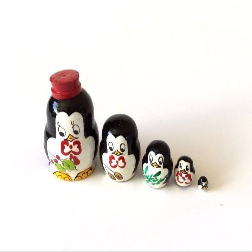 1.25" Tall Penguin Mini Nesting Dolls Russian Hand Carved Hand Painted 5 Piece Matryoshka Set