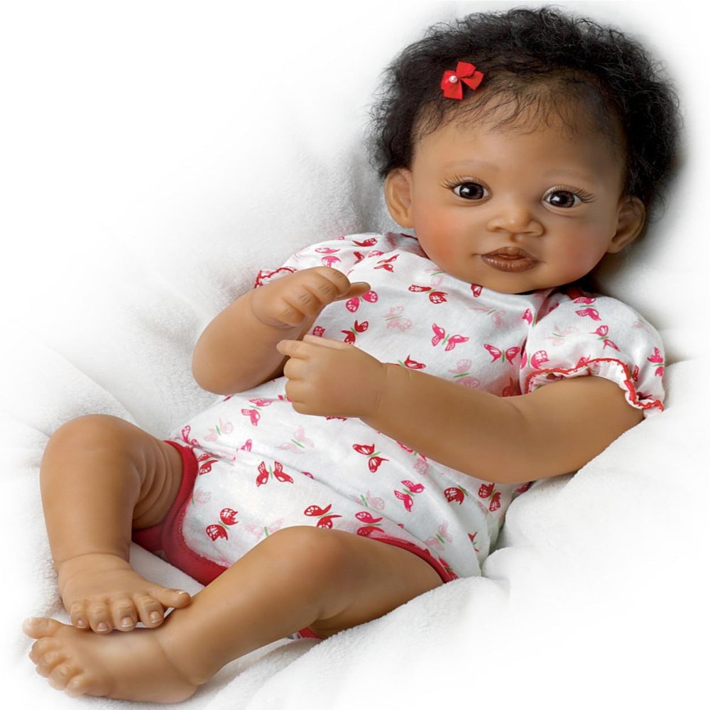 The Ashton-Drake Galleries Interactive African American Black Baby Doll, Lifelike & Touch Activated Cooing, Sweet Butterfly Kisses, 19 inches, Pink