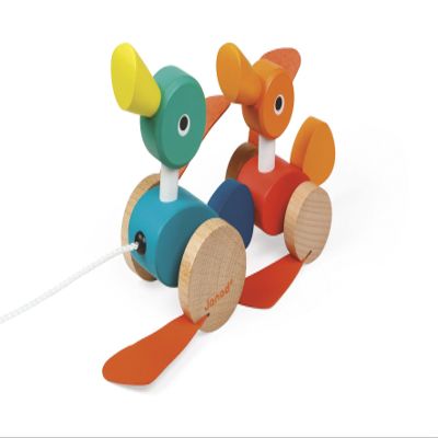 Janod Zigolos Pull Along Duck Family Early Learning and Motor Skills Toy with Flapping Feet Made of Beech and Cherry Wood for Ages 12 Months