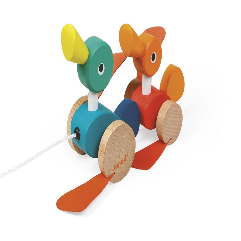 Janod Zigolos Pull Along Duck Family Early Learning and Motor Skills Toy with Flapping Feet Made of Beech and Cherry Wood for Ages 12 Months