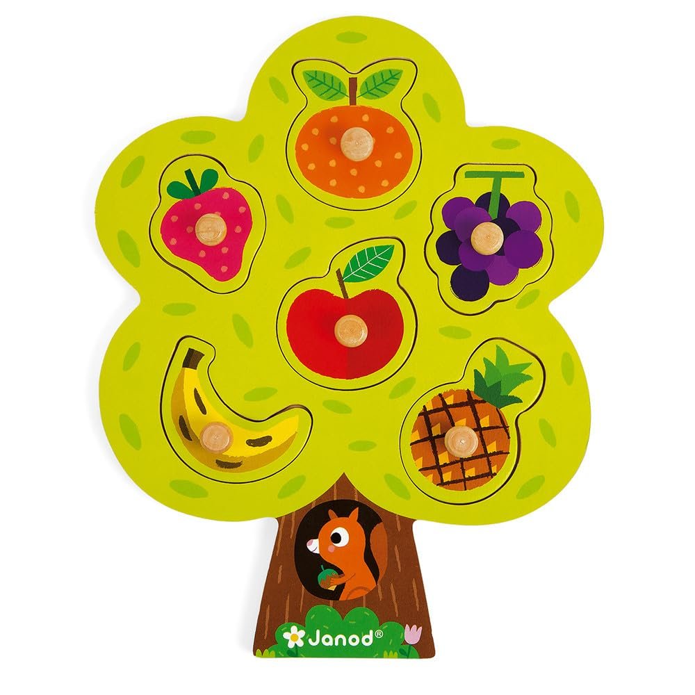 Janod 6Piece Fruit Tree Puzzle Themed Wooden Peg Colorful Jigsaw Puzzle - Encourages Shape Recognition, Dexterity, & Language Development - Preschool Kids & Toddlers 18 Months+
