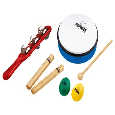 Nino Percussion NINOSET3 Hand Percussion Rhythm Set with Egg Shakers, Claves, Jingle Stick, and Frame Drum (VIDEO)