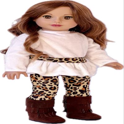 18 inch Dol Clothes - Fashion Safari - 3 Piece 18 inch Doll Outfit - Ivory Velvet Tunic, Cheetah Leggings and Fringed Boots - (Doll Not Included)