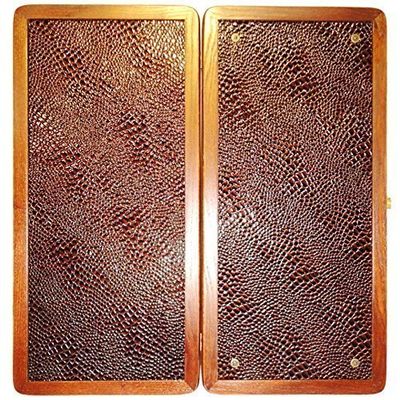 21" Backgammon Board Game Set, Wood & Crocodile Leather, Pieces & Dices