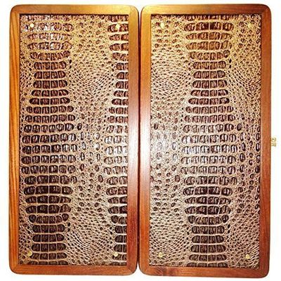 21" Backgammon Board Game Set, Wood & Crocodile Leather, Pieces & Dices