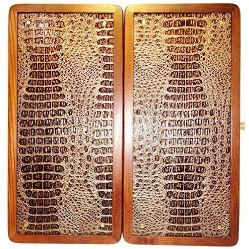 21" Backgammon Board Game Set, Wood & Crocodile Leather, Pieces & Dices